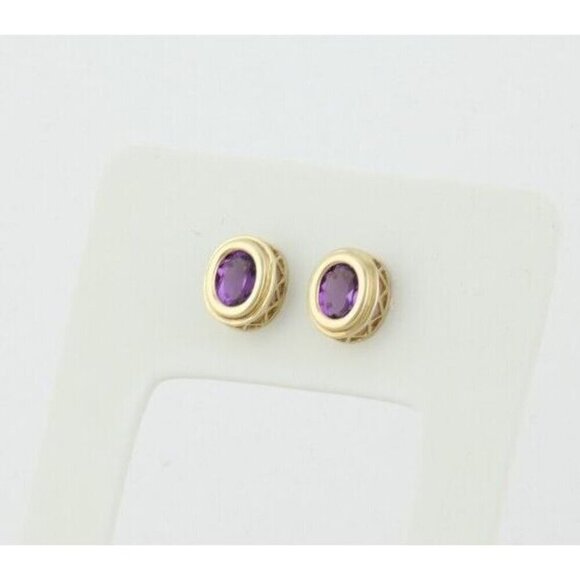 10k Yellow Gold Natural Amethyst Earrings Stud Post - Picture 3 of 8